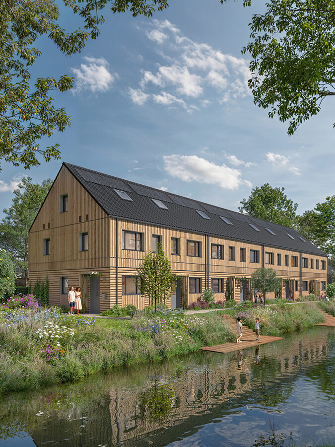 Grote modulaire houtbouw rijtjeshuizen aan het water